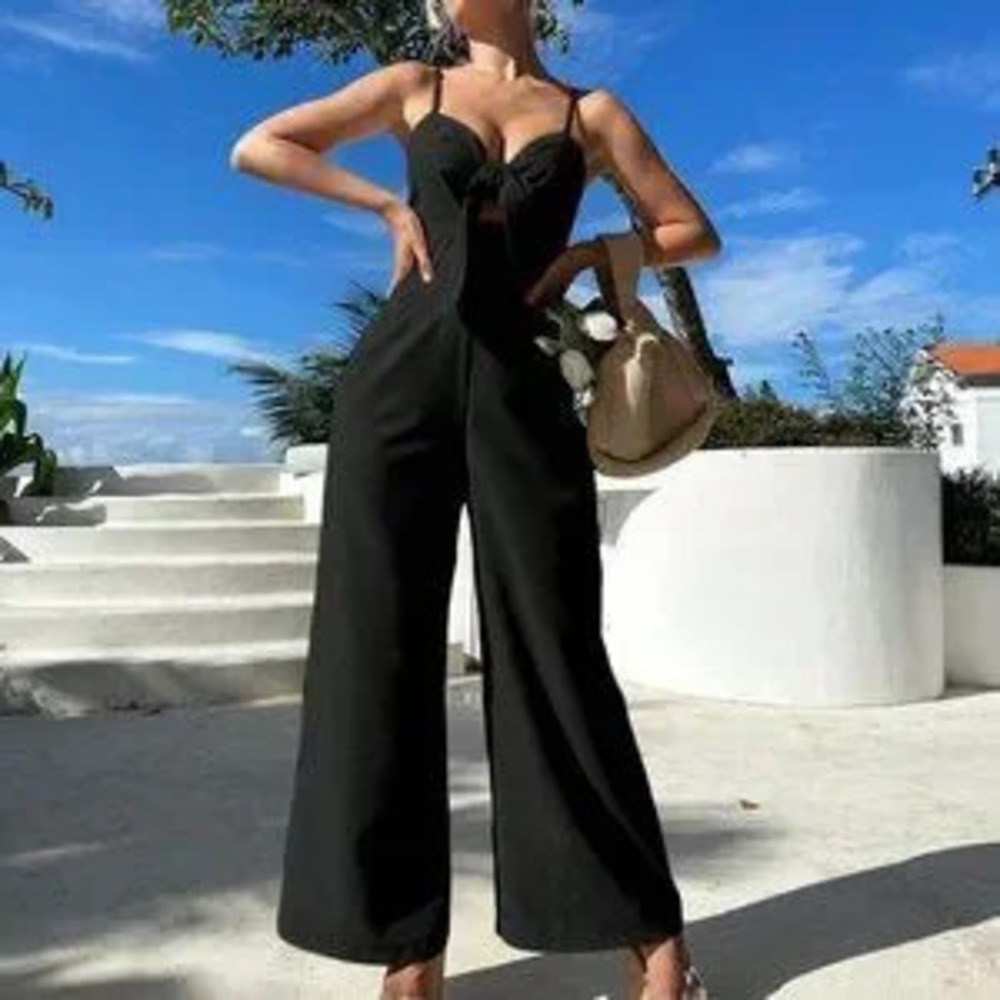 Black Preppy Womens Solid Wide Leg Cami Jumpsuit